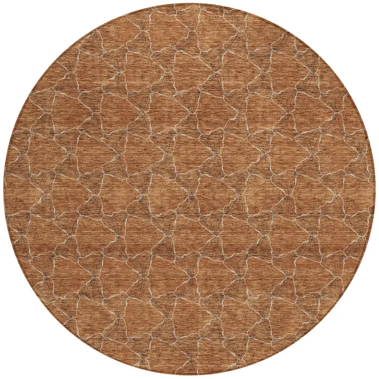 8' Orange And Ivory Round Geometric Washable Indoor Outdoor Area Rug