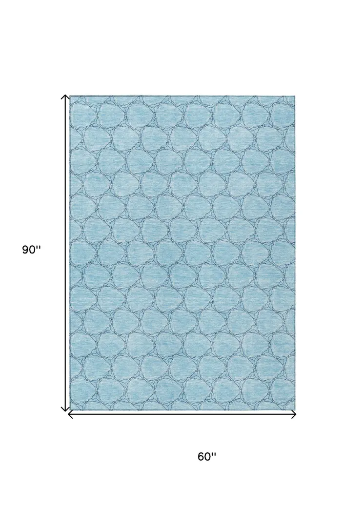 5' X 8' Sky Blue And Navy Blue Geometric Washable Indoor Outdoor Area Rug