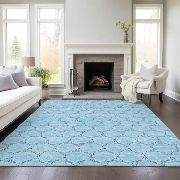 5' X 8' Sky Blue And Navy Blue Geometric Washable Indoor Outdoor Area Rug