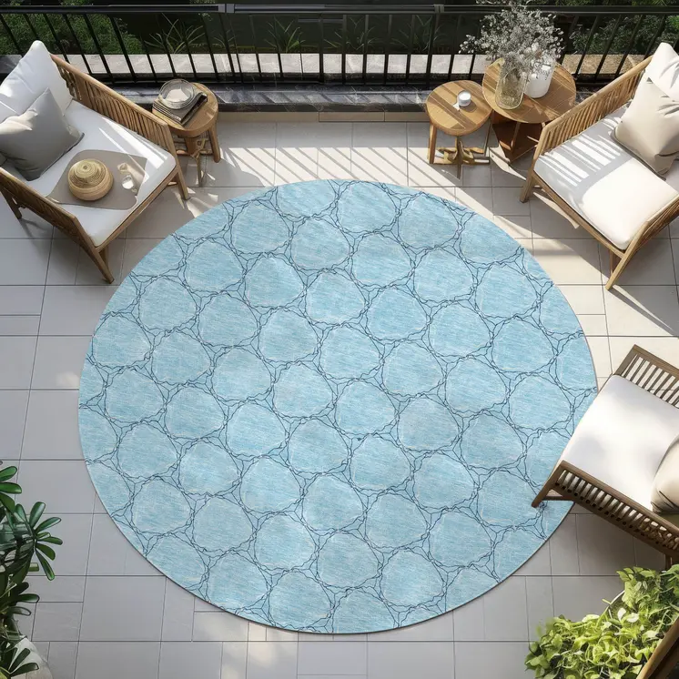 8' Sky Blue And Navy Blue Round Geometric Washable Indoor Outdoor Area Rug