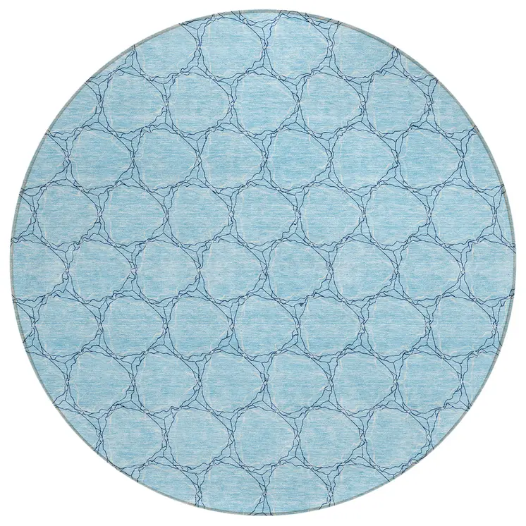 8' Sky Blue And Navy Blue Round Geometric Washable Indoor Outdoor Area Rug