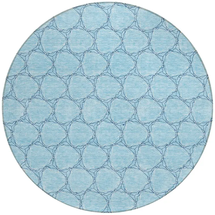 8' Sky Blue And Navy Blue Round Geometric Washable Indoor Outdoor Area Rug