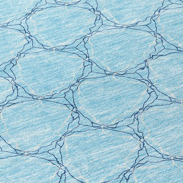 8' Sky Blue And Navy Blue Round Geometric Washable Indoor Outdoor Area Rug