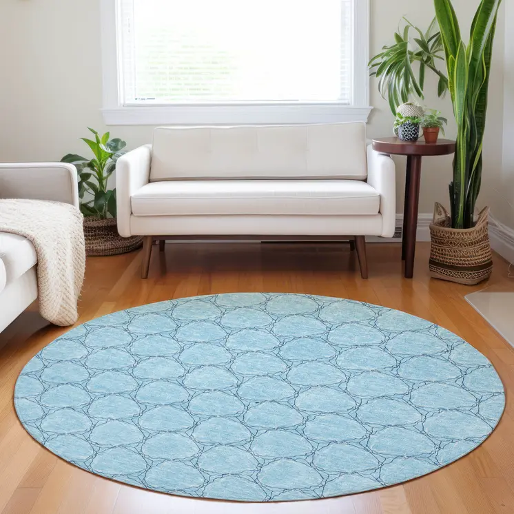 8' Sky Blue And Navy Blue Round Geometric Washable Indoor Outdoor Area Rug