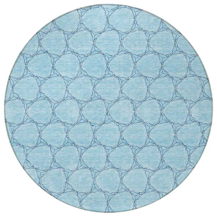 8' Sky Blue And Navy Blue Round Geometric Washable Indoor Outdoor Area Rug