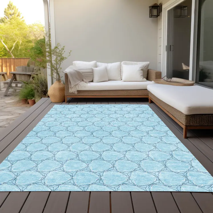 9' X 12' Sky Blue And Navy Blue Geometric Washable Indoor Outdoor Area Rug