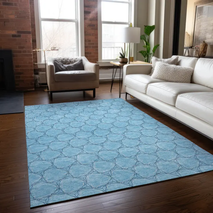 9' X 12' Sky Blue And Navy Blue Geometric Washable Indoor Outdoor Area Rug