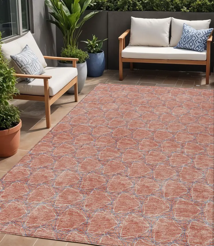5' X 8' Salmon And Blue Geometric Washable Indoor Outdoor Area Rug