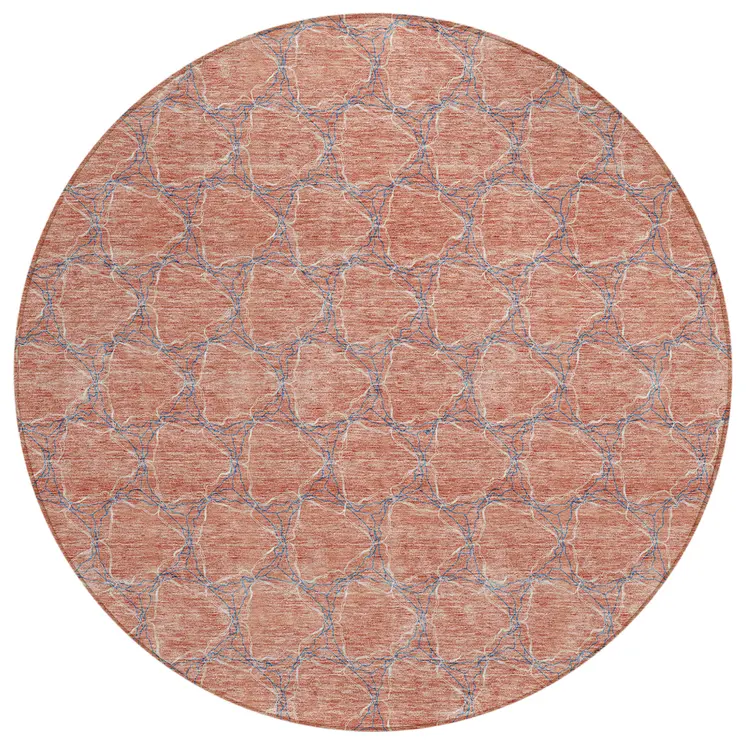 8' Salmon And Blue Round Geometric Washable Indoor Outdoor Area Rug