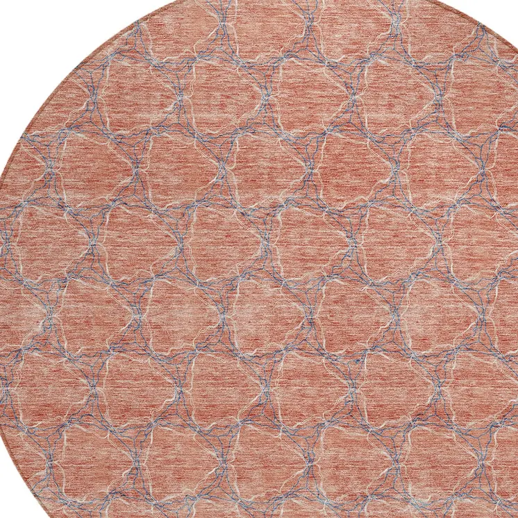 8' Salmon And Blue Round Geometric Washable Indoor Outdoor Area Rug