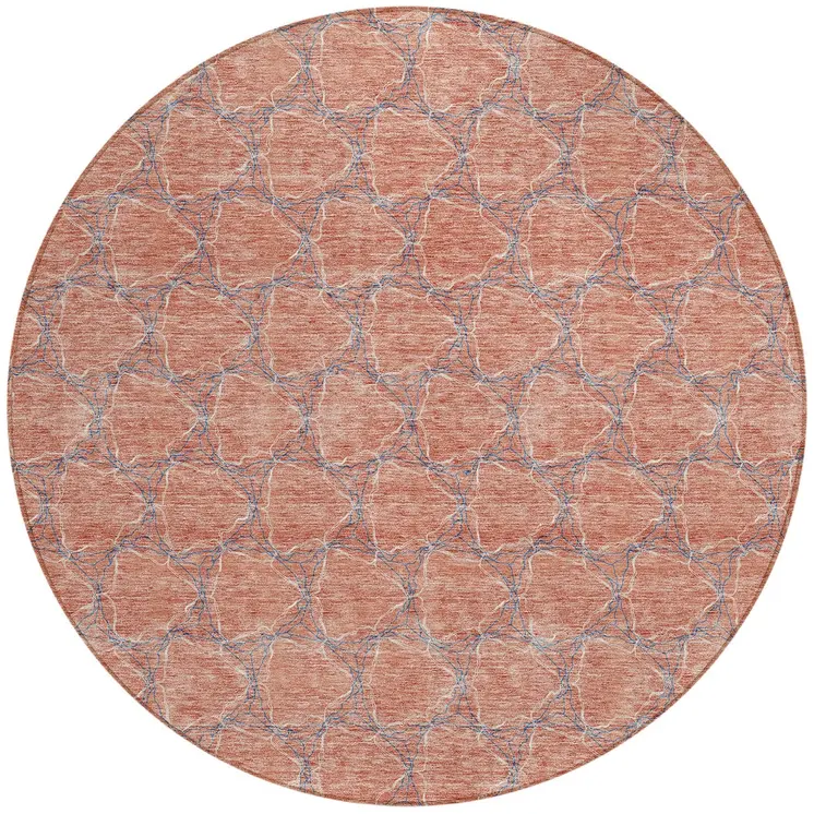 8' Salmon And Blue Round Geometric Washable Indoor Outdoor Area Rug