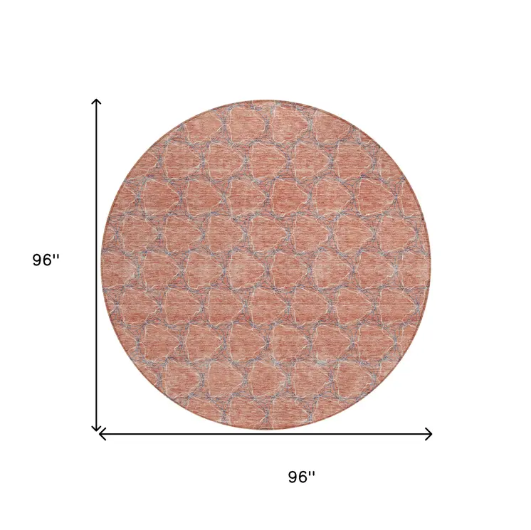 8' Salmon And Blue Round Geometric Washable Indoor Outdoor Area Rug