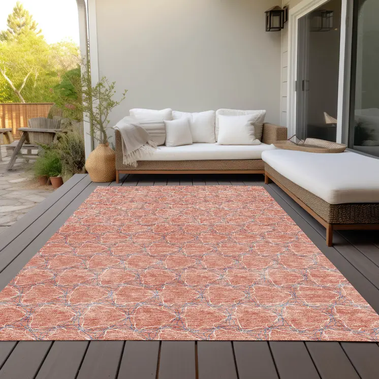 9' X 12' Salmon And Blue Geometric Washable Indoor Outdoor Area Rug