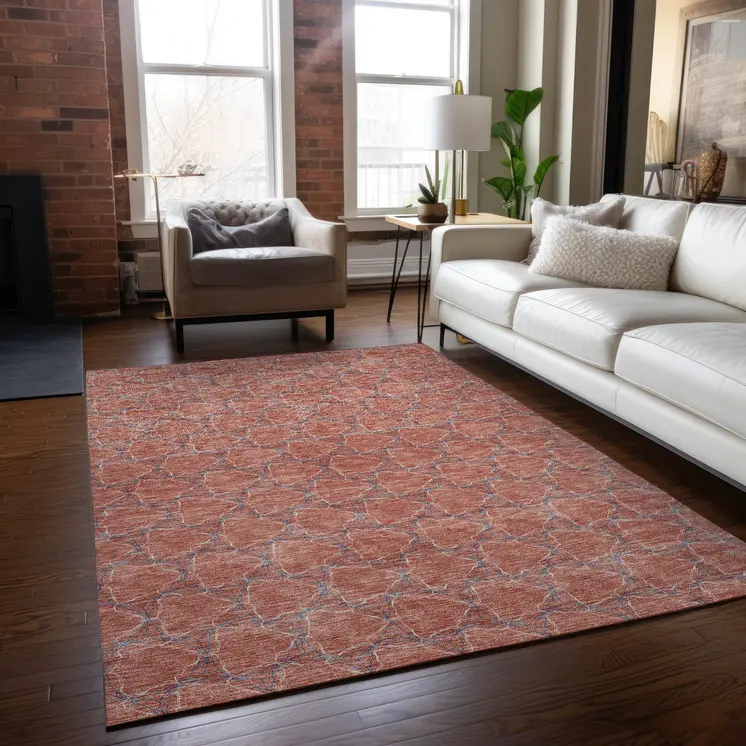 10' X 14' Salmon And Blue Geometric Washable Indoor Outdoor Area Rug