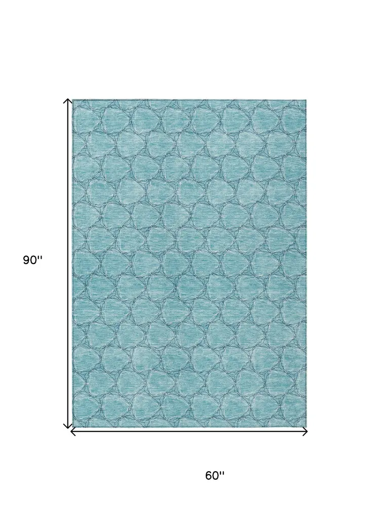 5' X 8' Teal Blue And Navy Blue Geometric Washable Indoor Outdoor Area Rug