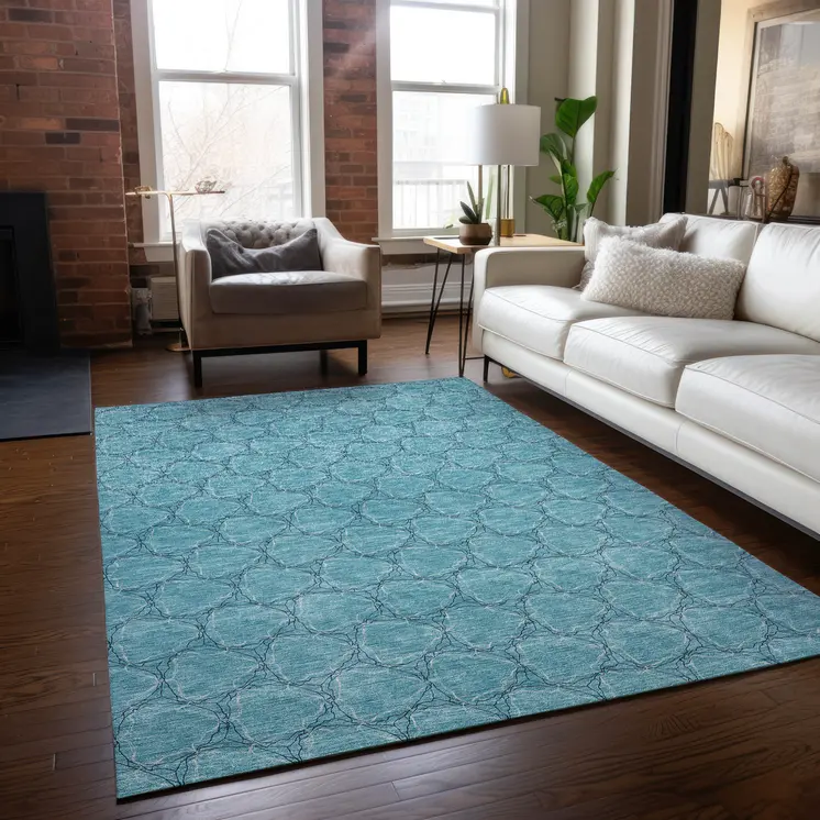5' X 8' Teal Blue And Navy Blue Geometric Washable Indoor Outdoor Area Rug