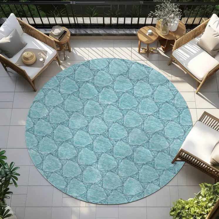 8' Teal Blue And Navy Blue Round Geometric Washable Indoor Outdoor Area Rug