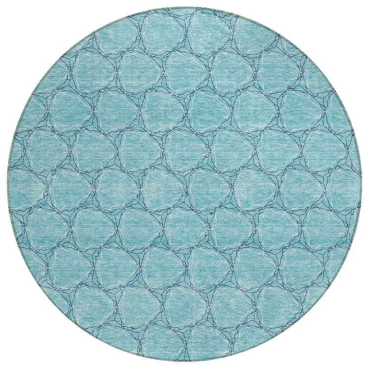 8' Teal Blue And Navy Blue Round Geometric Washable Indoor Outdoor Area Rug