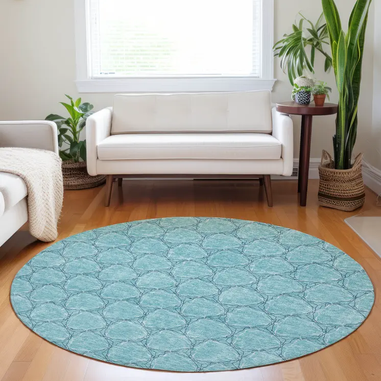 8' Teal Blue And Navy Blue Round Geometric Washable Indoor Outdoor Area Rug