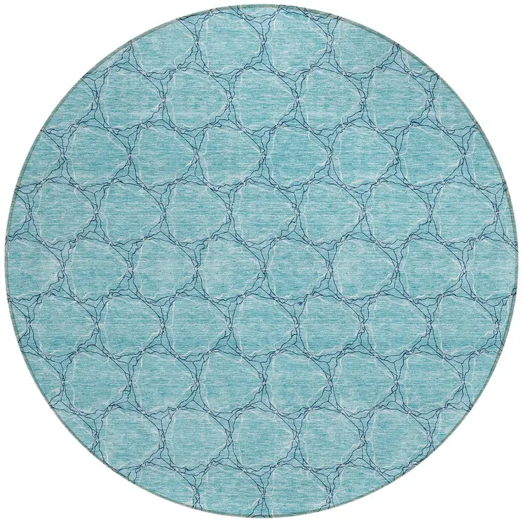 8' Teal Blue And Navy Blue Round Geometric Washable Indoor Outdoor Area Rug