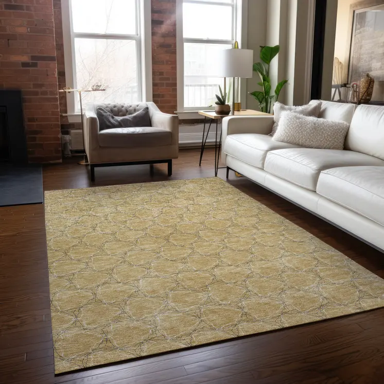 3' X 5' Wheat And Gray Geometric Washable Indoor Outdoor Area Rug