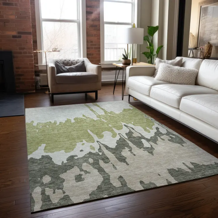3' X 5' Sage And Ivory Abstract Washable Indoor Outdoor Area Rug