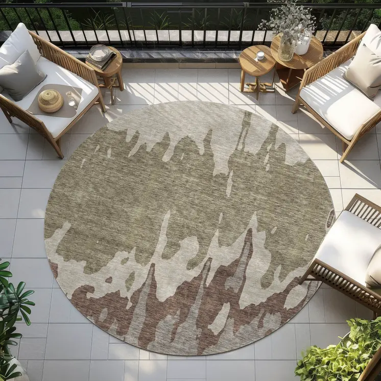8' Beige And Taupe Round Abstract Washable Indoor Outdoor Area Rug