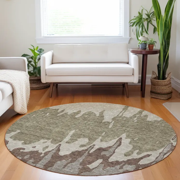 8' Beige And Taupe Round Abstract Washable Indoor Outdoor Area Rug