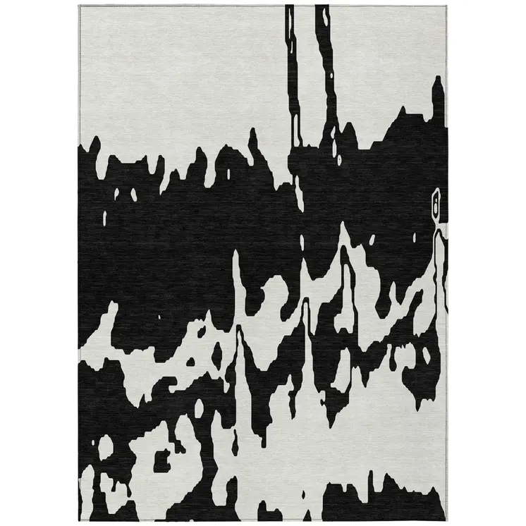 5' X 8' Black And Ivory Abstract Washable Indoor Outdoor Area Rug