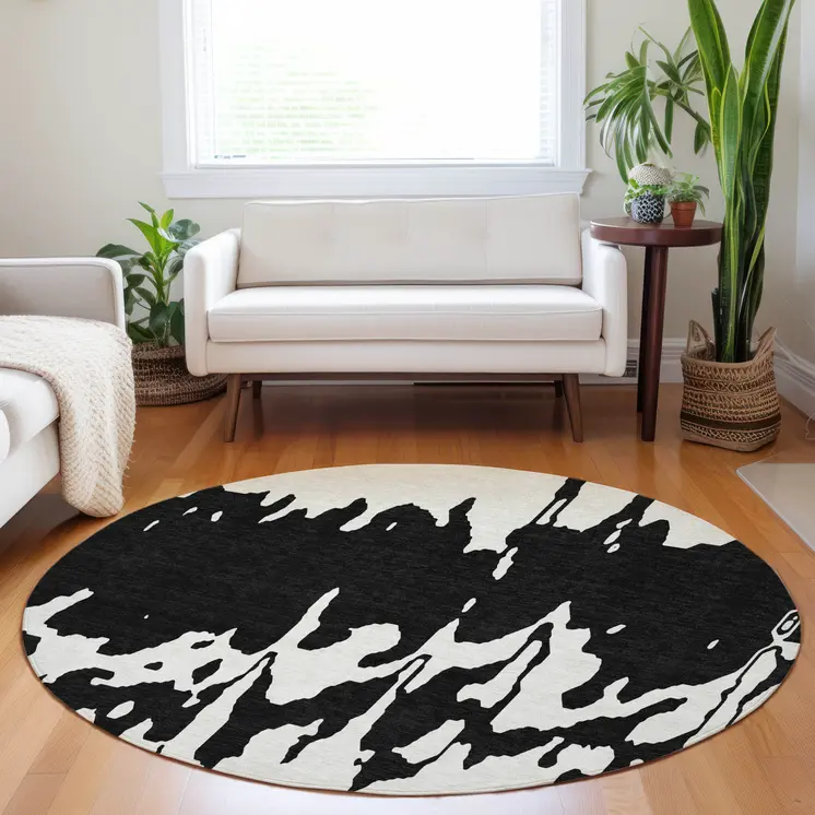 8' Black And Ivory Round Abstract Washable Indoor Outdoor Area Rug