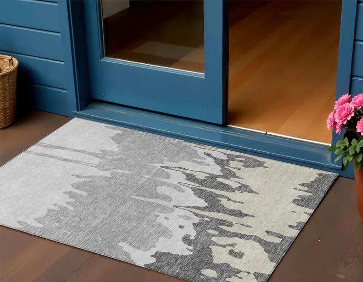 3' X 5' Gray And Silver Abstract Washable Indoor Outdoor Area Rug