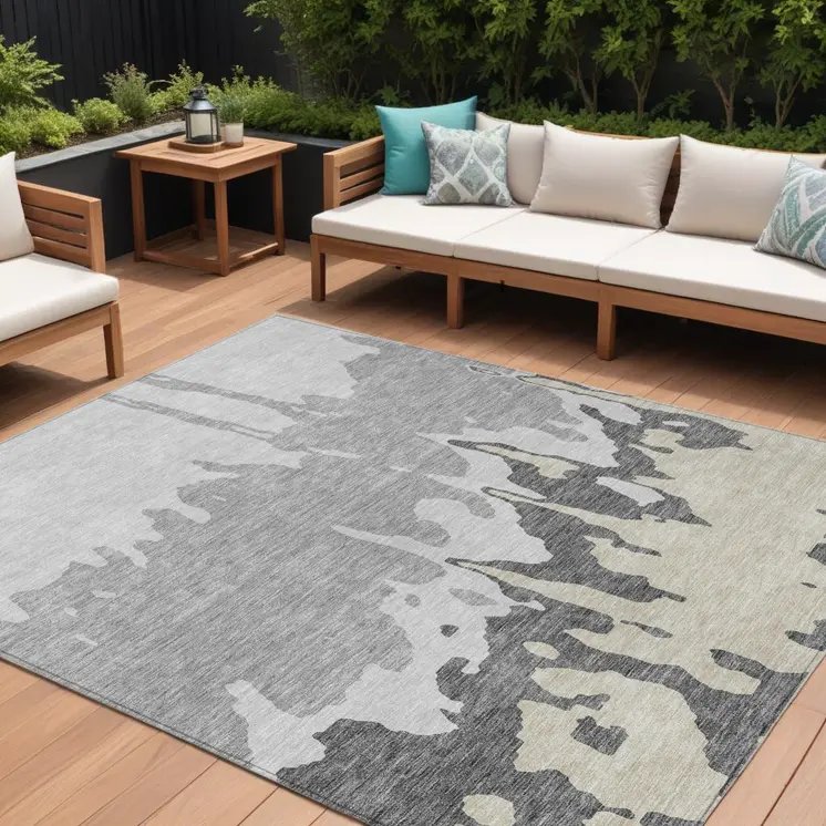 8' X 10' Gray And Silver Abstract Washable Indoor Outdoor Area Rug