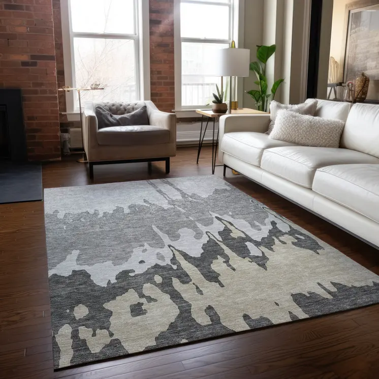 8' X 10' Gray And Silver Abstract Washable Indoor Outdoor Area Rug