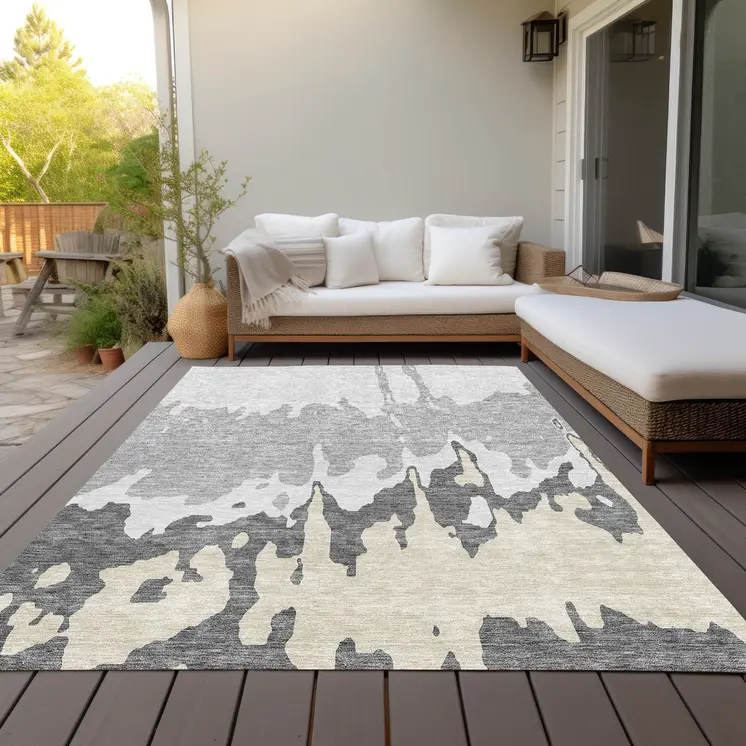 9' X 12' Gray And Silver Abstract Washable Indoor Outdoor Area Rug