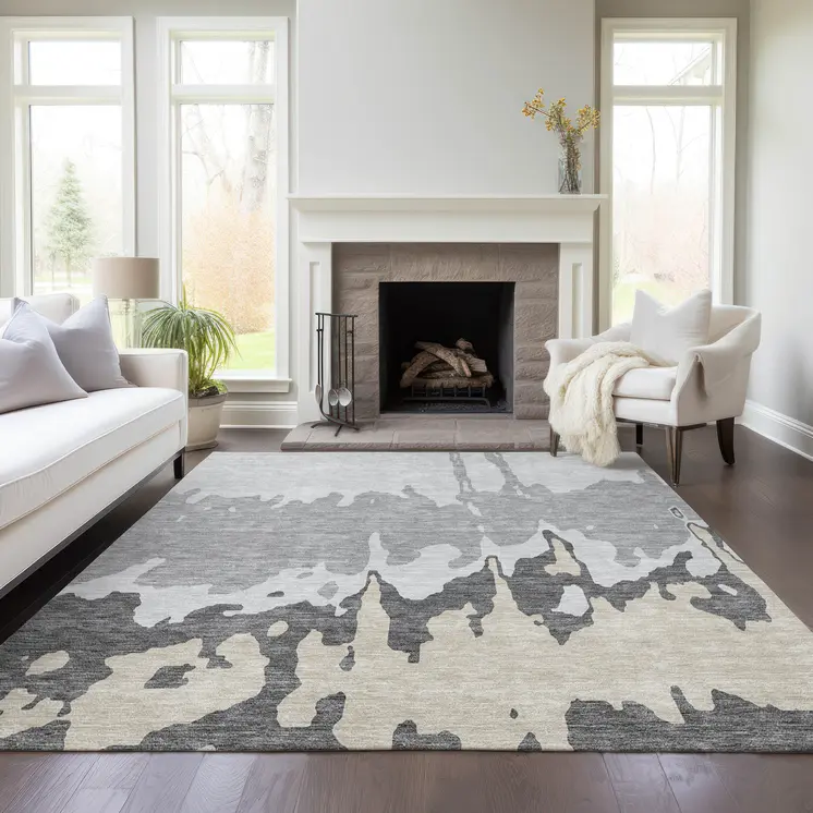 9' X 12' Gray And Silver Abstract Washable Indoor Outdoor Area Rug