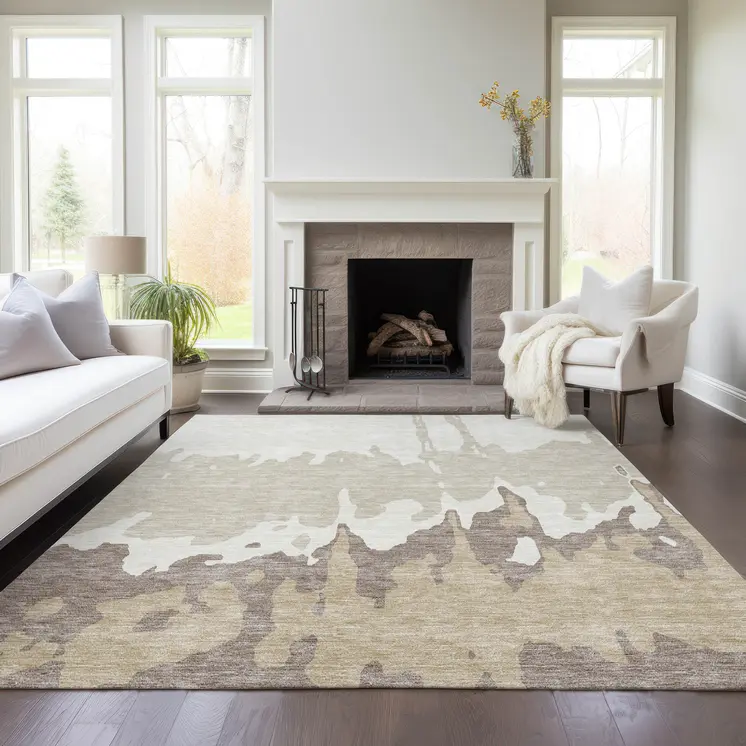 5' X 8' Ivory And Beige Abstract Washable Indoor Outdoor Area Rug