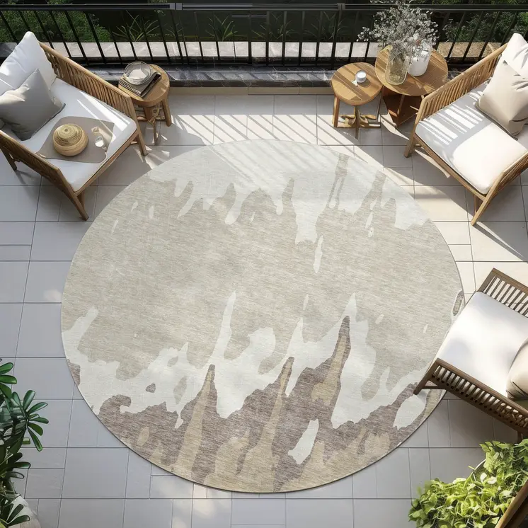 8' Ivory And Beige Round Abstract Washable Indoor Outdoor Area Rug