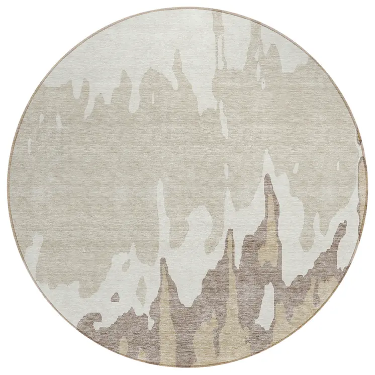 8' Ivory And Beige Round Abstract Washable Indoor Outdoor Area Rug
