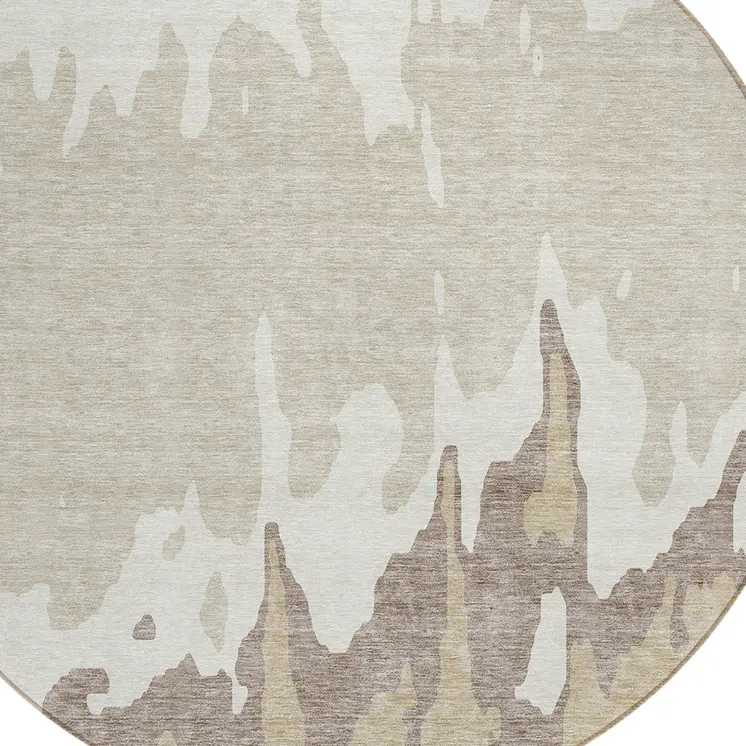 8' Ivory And Beige Round Abstract Washable Indoor Outdoor Area Rug