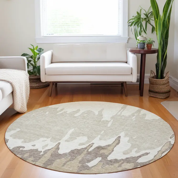 8' Ivory And Beige Round Abstract Washable Indoor Outdoor Area Rug