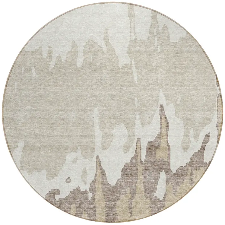 8' Ivory And Beige Round Abstract Washable Indoor Outdoor Area Rug