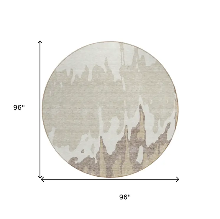 8' Ivory And Beige Round Abstract Washable Indoor Outdoor Area Rug