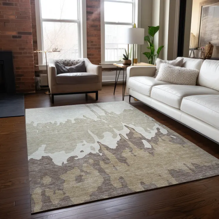 10' X 14' Ivory And Beige Abstract Washable Indoor Outdoor Area Rug