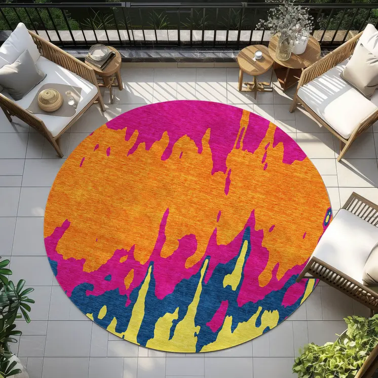 8' Pink Orange And Blue Round Abstract Washable Indoor Outdoor Area Rug