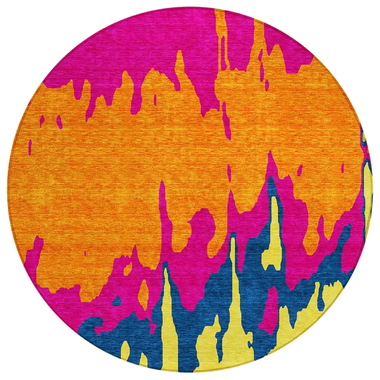 8' Pink Orange And Blue Round Abstract Washable Indoor Outdoor Area Rug
