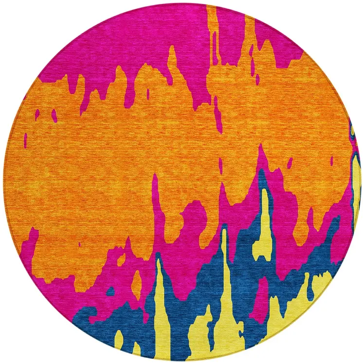 8' Pink Orange And Blue Round Abstract Washable Indoor Outdoor Area Rug