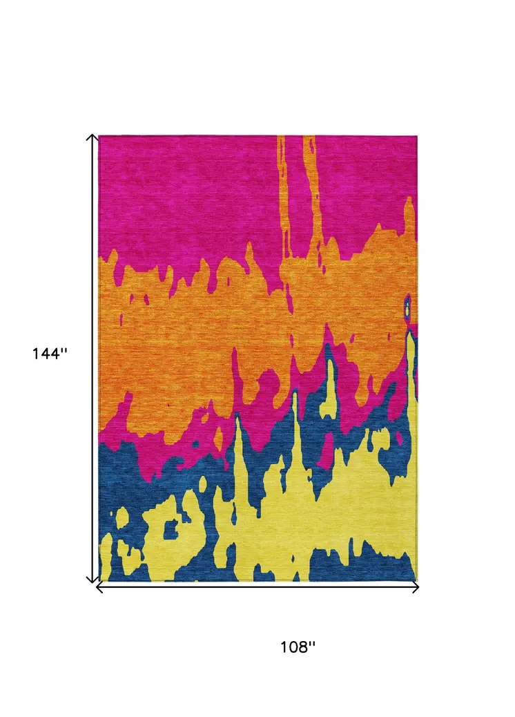 9' X 12' Pink Orange And Blue Abstract Washable Indoor Outdoor Area Rug