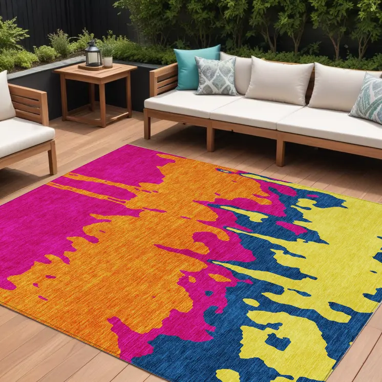 9' X 12' Pink Orange And Blue Abstract Washable Indoor Outdoor Area Rug