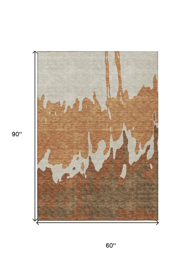 5' X 8' Orange And Brown Abstract Washable Indoor Outdoor Area Rug