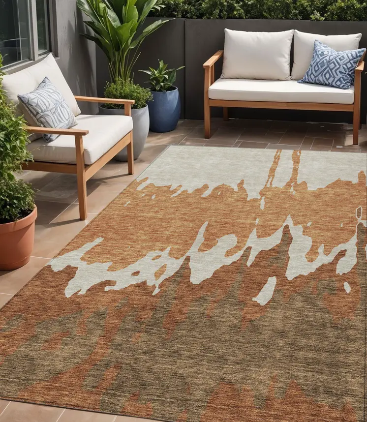 5' X 8' Orange And Brown Abstract Washable Indoor Outdoor Area Rug
